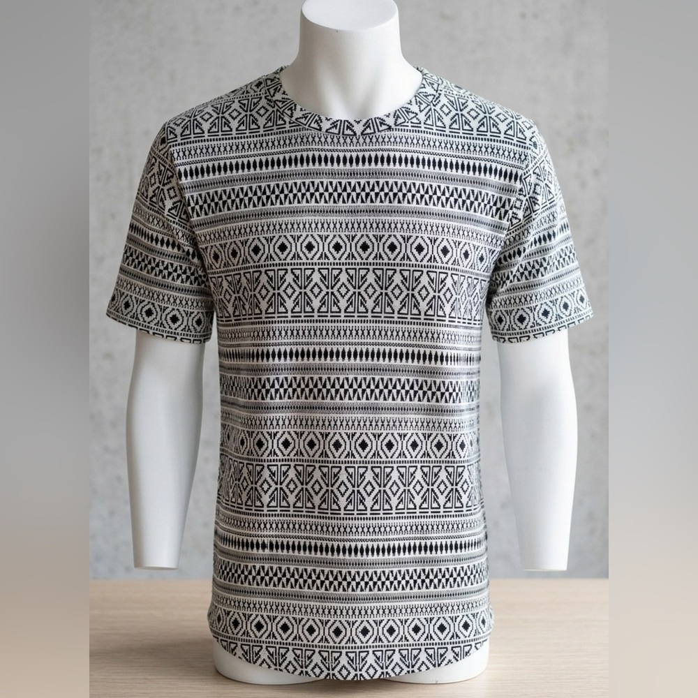 Kayden K Mens Aztec Print Knit T-Shirt Black & White Zip Side Detail Size M